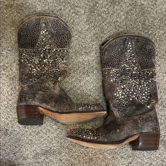 Frye Studded Star Distressed Leather Western Cowboy Boots Brown Size 5 - Picture 4 of 10